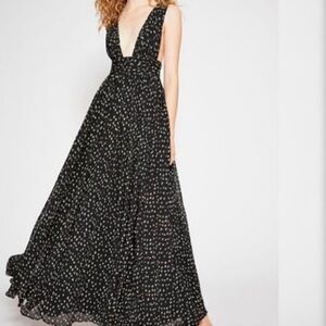 Free People x Fame & Partners Valeria Maxi Dress, Black with Cream Spots Size 6